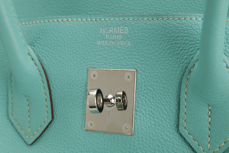 HERMES BIRKIN 35 BLUE AQUA TOGO LEATHER SILVER HARDWARE STAMP M (2009) WITH LOCK&KEYS, RAINCOAT AND DUST COVER