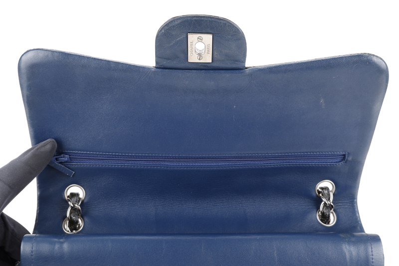 CHANEL CLASSIC DOUBLE FLAP BLUE JUMBO PATENT LEATHER SILVER HARDWARE (1442xxxx) WITH DUST COVER AND DUST COVER