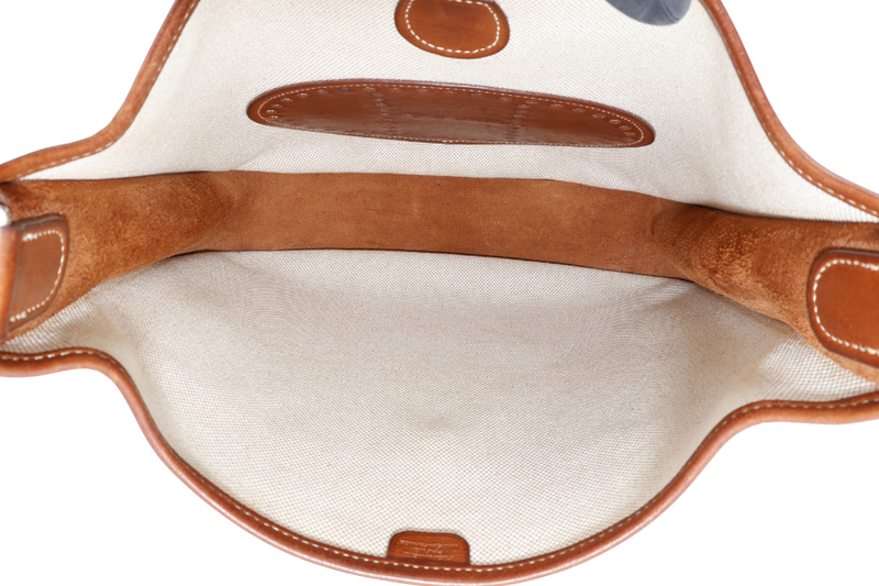 HERMES EVELYN PM STAMP SQUARE K (YEAR 2007) TOILE x BARENIA LEATHER WITH STRAP AND DUST COVER