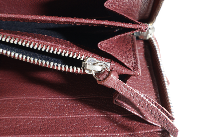 BALENCIAGA EDGE CONTINENTAL MAROON LEATHER ZIPPY WALLET SILVER HARDWARE WITH DUST COVER