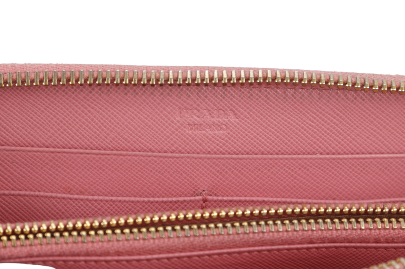 PRADA ZIP AROUND LONG WALLET PINK SAFFIANO LEATHER GOLD HARDWARE WITH BOX