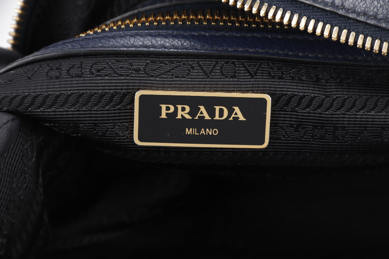 PRADA CAMERA CROSSBODY BAG (1BH089) NAVY BLUE GLACE CALF LEATHER GOLD HARDWARE WITH DUST COVER AND CARD