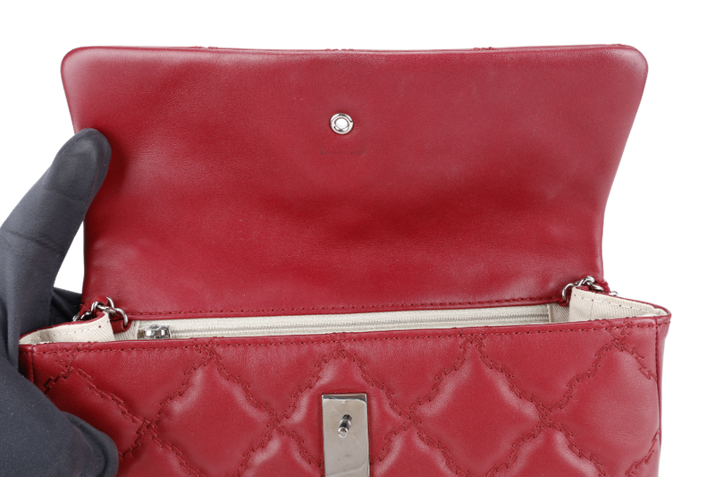 CHANEL HAMPTONS WILD STITCH DARK RED LEATHER FLAP BAG SILVER HARDWARE (1783xxxx) WITH CARD, DUST COVER AND BOX