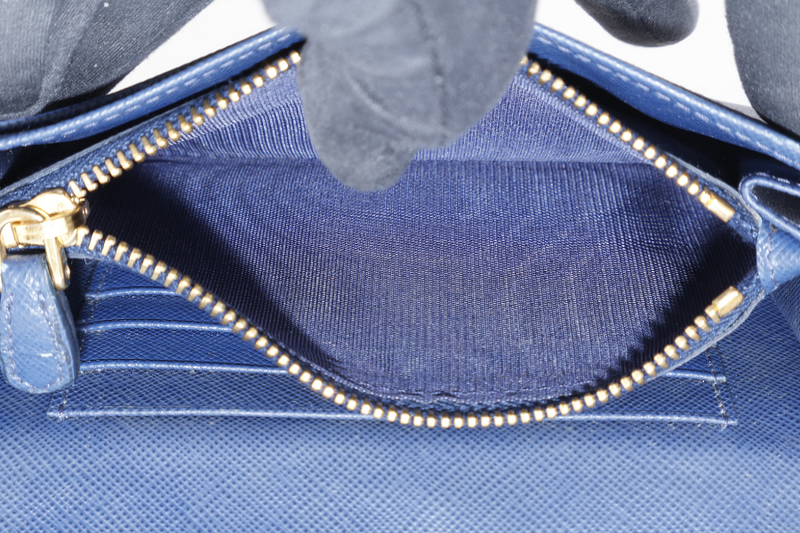 PRADA WRISTLET WALLET DARK BLUE SAFFIANO LEATHER GOLD HARDWARE