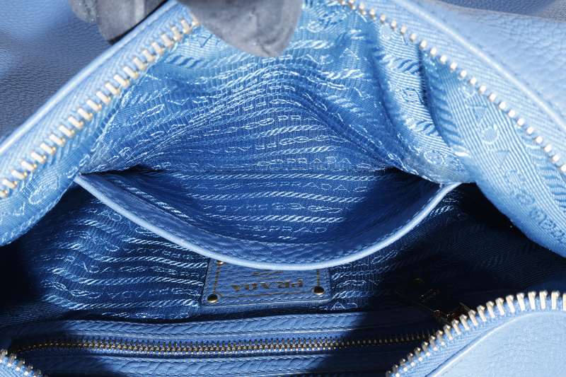 PRADA ZIP TOP HOBO VITELLO DAINO BAG LARGE BLUE LEATHER GOLD HARDWARE NO DUST COVER
