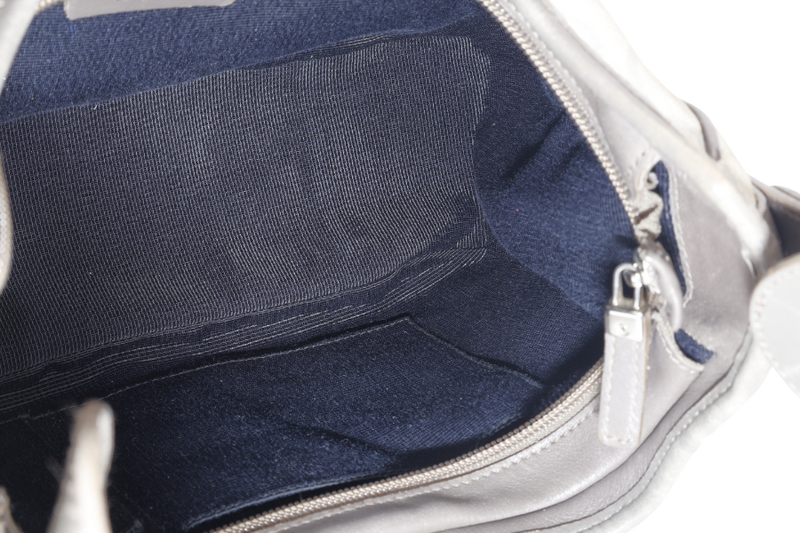 SALVATORE FERRAGAMO GANCINI GREY CANVAS WITH BROWN LEATHER LINING SILVER HARDWARE WITH DUST COVER