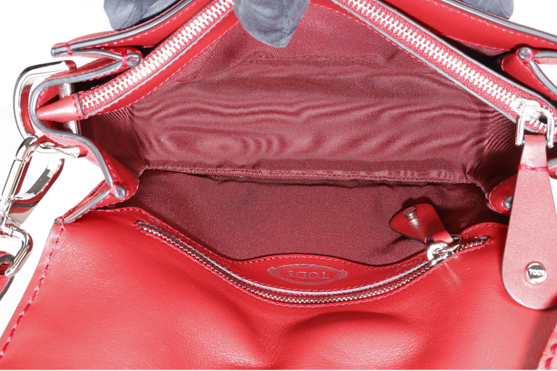 TODS AMU PATTINA TRACOLLA MINI RED SUEDE SHOULDER BAG SILVER HARDWARE WITH STRAPS AND DUST COVER