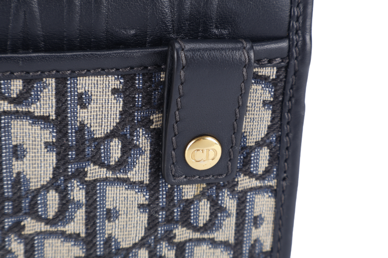 CHRISTIAN DIOR MONTAIGNE 2 IN 1/W.O.C BLUE NAVY OBLIQUE JACQUARD GOLD HARDWARE WITH CHAIN STRAPS, LEATHER STRAPS , DUST COVER AND BOX