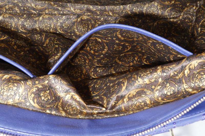 VERSACE PURPLE QUILTED LEATHER ELETTRA VANITAS TOTE GOLD HARDWARE WITH DUST COVER