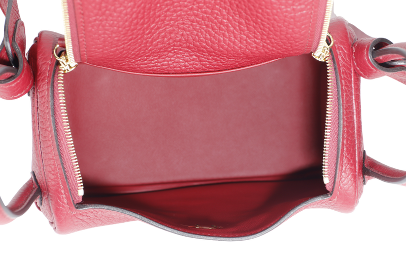 HERMES LINDY MINI 20 STAMP Y (YEAR 2020) ROUGE GRENAT CLEMENCE LEATHER GOLD HARDWARE WITH DUST COVER AND BOX