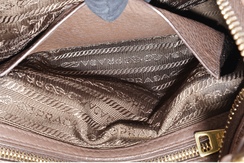 PRADA ZIP TOP HOBO VITELLO DAINO BAG LARGE BROWN LEATHER GOLD HARDWARE NO DUST COVER
