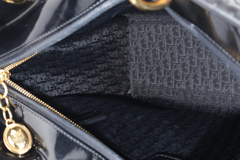CHRISTIAN DIOR LADY DIOR LARGE PATENT BLACK GOLD HARDWARE WITH CARD AND DUST COVER