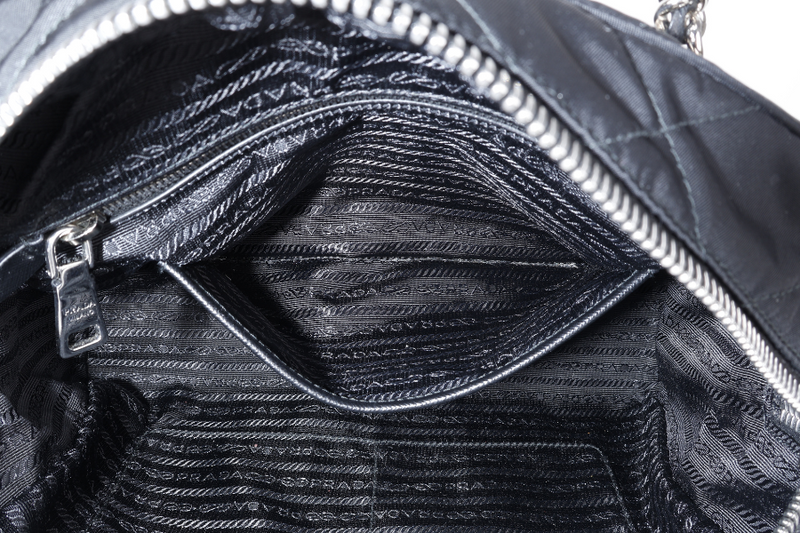 PRADA BAULETTO TESSUTO BLACK NYLON CHAIN SILVER HARDWARE WITH LOCK & KEYS AND DUST COVER