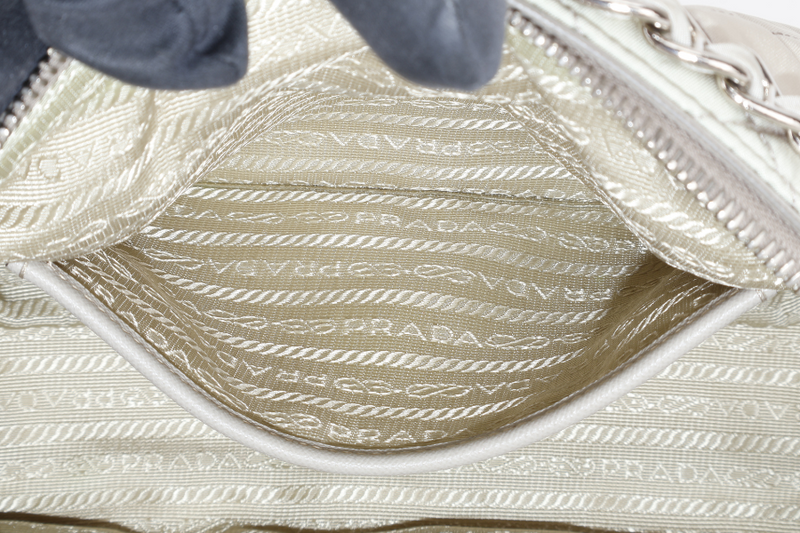PRADA BR4965 TESSUTO IMPUNTU CHAIN BAG BEIGE NYLON SILVER HARDWARE WITH CARD AND DUST COVER