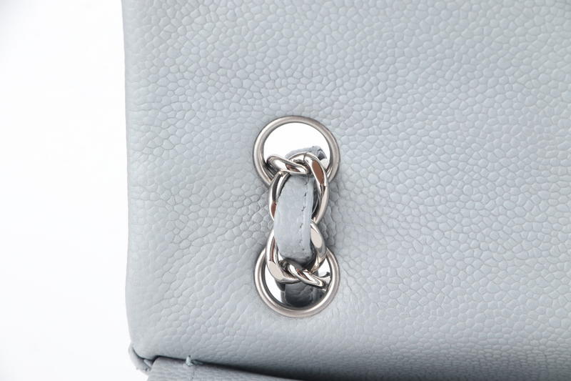 CHANEL CLASSIC FLAP MAXI GREY CAVIAR LEATHER WITH SILVER CHAIN (1739xxxx) WITH CARD , DUST COVER AND BOX