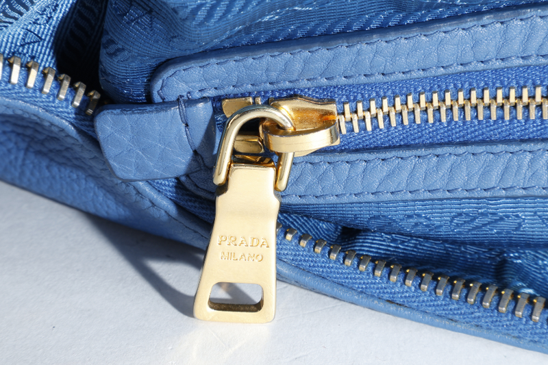 PRADA ZIP TOP HOBO VITELLO DAINO BAG LARGE BLUE LEATHER GOLD HARDWARE NO DUST COVER