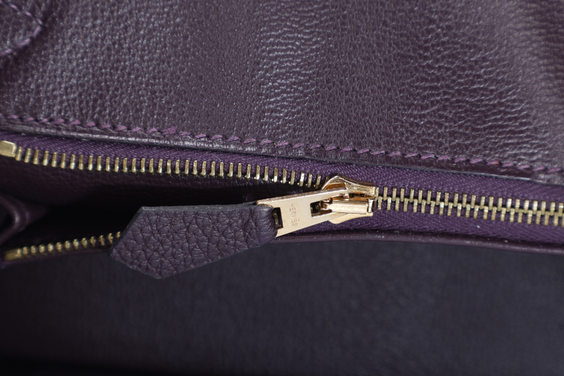 HERMES BIRKIN 25 STAMP T (YEAR 2015) RAISIN COLOR TOGO LEATHER GOLD HARDWARE WITH KEYS, LOCK AND DUST COVER