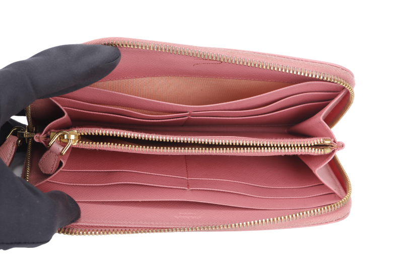 PRADA ZIP AROUND LONG WALLET PINK SAFFIANO LEATHER GOLD HARDWARE WITH BOX