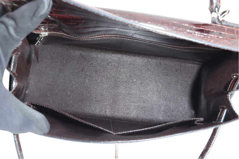 HERMES KELLY 32 SELLIER DARK BROWN SHINY NILOTICUS SILVER HARDWARE STAMP P (YEAR 2012) WITH KEYS, LOCK, STRAPS, RAINCOAT WITH DUST COVER