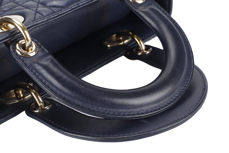 CHRISTIAN DIOR LADY DIOR SMALL (01-RU-1117) NAVY BLUE CANNAGE LAMBSKIN GOLD HARDWARE WITH STRAP, DUST COVER AND BOX