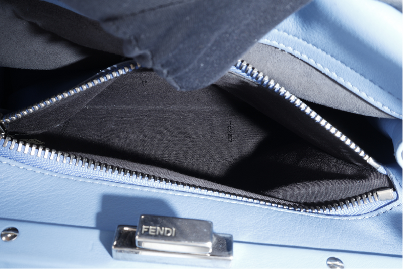 FENDI PEEKABOO (8BN290-81P-188-10429) BLUE GRAINED CALF LEATHER SILVER HARDWARE WITH RAINCOAT, STRAPS AND DUST COVER