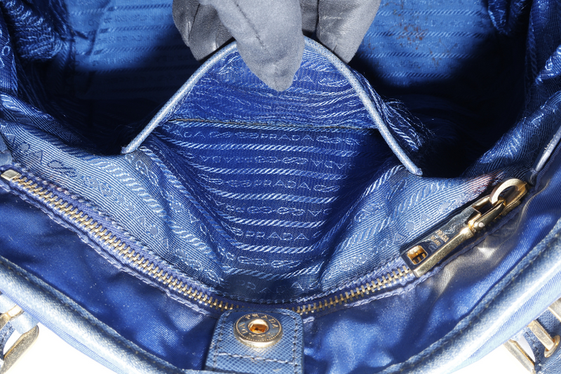 PRADA BR4997 SHOULDER TOTE BAG BLUETTE TESSUTO SAFFIANO GOLD HARDWARE WITH CHARM, CARD AND NO DUST COVER
