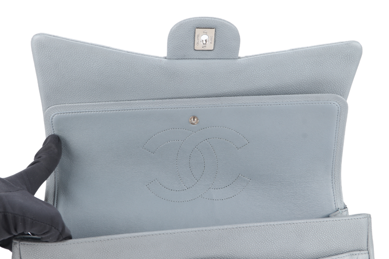 CHANEL CLASSIC FLAP MAXI GREY CAVIAR LEATHER WITH SILVER CHAIN (1739xxxx) WITH CARD , DUST COVER AND BOX