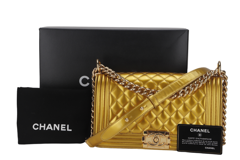 CHANEL LE BOY MEDIUM METALLIC PATENT GOLD CALFSKIN (1944xxxx) WITH DUST COVER, CARD AND BOX