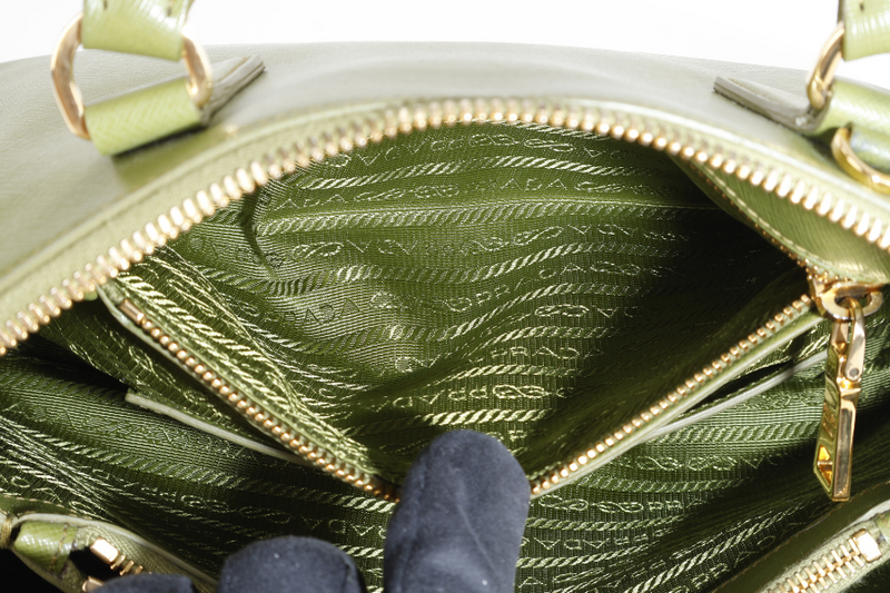 PRADA LIME GREEN SAFFIANO LUX LEATHER (BL0837) PROMENADE SATCHEL GOLD HARDWARE WITH STRAPS ,CARD AND DUST COVER