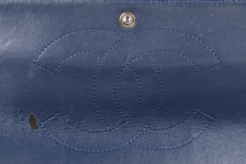 CHANEL CLASSIC DOUBLE FLAP BLUE JUMBO PATENT LEATHER SILVER HARDWARE (1442xxxx) WITH DUST COVER AND DUST COVER