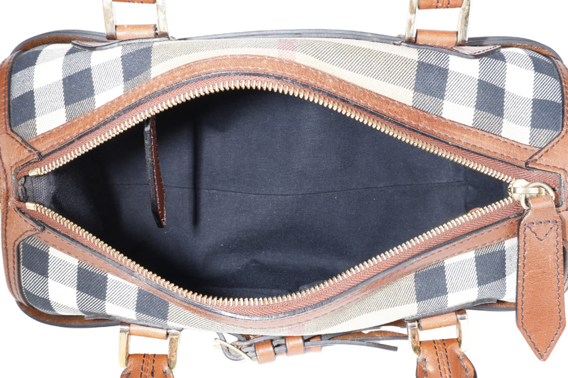 BURBERRY HOUSE CHECK BRIDLE BOWLING BAG BROWN CANVAS AND LEATHER GOLD HARDWARE WITH DUST COVER