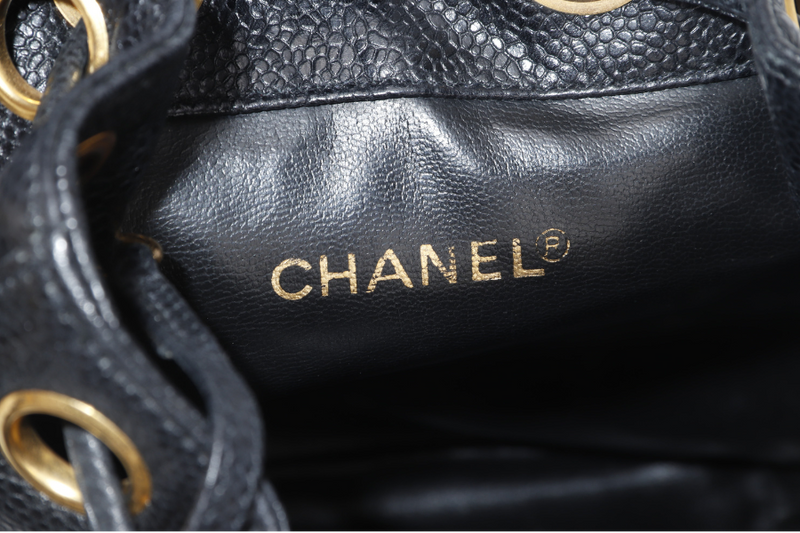 CHANEL VINTAGE BLACK CAVIAR MINI SLING BUCKET BAG WITH FLAP GOLD HARDWARE NO CARD, NO DUST COVER