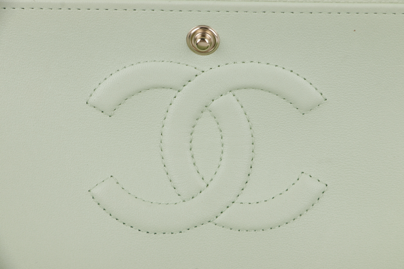 CHANEL FLAP MEDIUM (ALUNxxxx) MINT GREEN CAVIAR LEATHER LIGHT GOLD HARDWARE MICROCHIP WITH DUST COVER