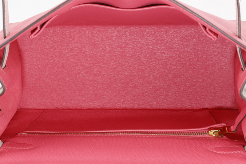 HERMES KELLY 25 HSS STAMP C (YEAR 2018) ROSE AZALEE & CRAIE EPSOM LEATHER LIGHT GOLD HARDWARE WITH STRAP, KEYS, LOCK AND DUST COVER