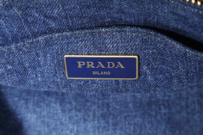 PRADA BN2439 BLUE CANAPA LOGO DENIM SATCHEL HANDBAG GOLD HARDWARE WITH CARD
