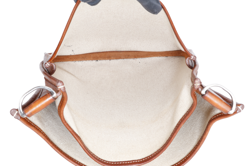 HERMES EVELYN PM TOILE X BARENIA LEATHER STAMP SQUARE K (YEAR 2007) WITH SLING AND DUST COVER