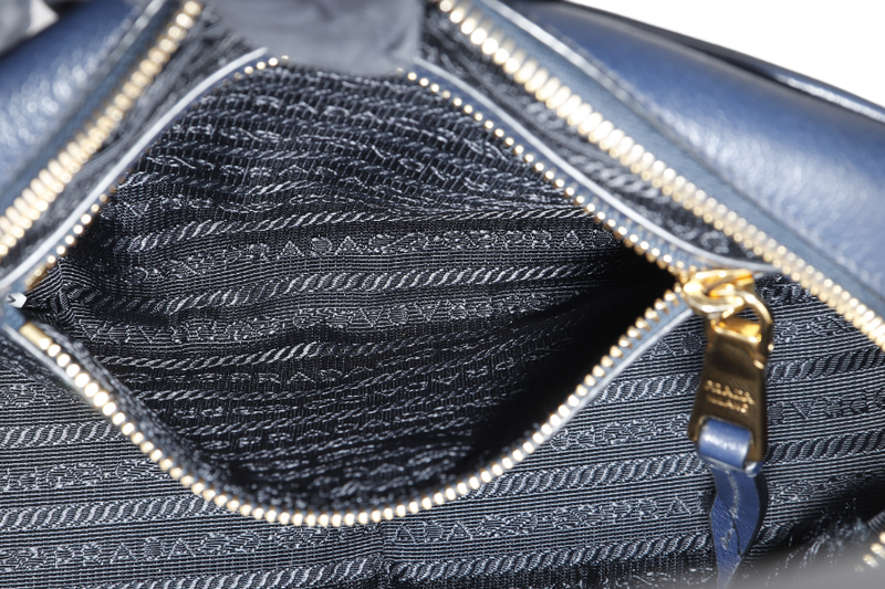 PRADA CAMERA CROSSBODY BAG (1BH089) NAVY BLUE GLACE CALF LEATHER GOLD HARDWARE WITH DUST COVER AND CARD