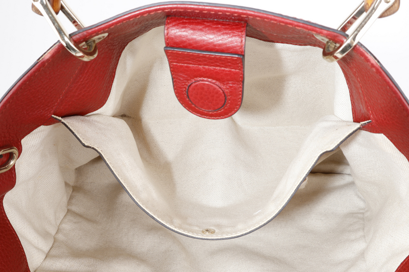 GUCCI RED LARGE BAMBOO SHOPPER LEATHER TOTE BAG GOLD HARDWARE WITH DUST COVER