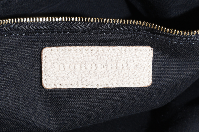 BURBERRY BEIGE BANNER HOUSE CHECK DERBY TOTE CALF LEATHER GOLD HARDWARE WITH STRAPS AND DUST COVER