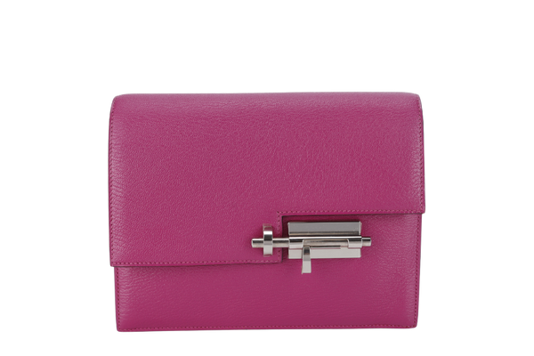 HERMES VERROU CLUTCH ROSE POUPRE CHEVRE MYSORE LEATHER SILVER HARDWARE STAMP C (2018) WITH DUST COVER