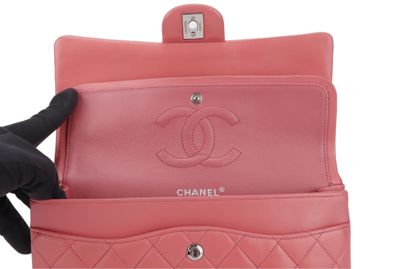 CHANEL FLAP MEDIUM (1632xxxx) PINK LAMBSKIN LEATHER SILVER HARDWARE WITH CARD, DUST COVER AND BOX