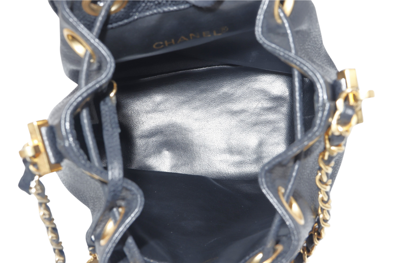 CHANEL VINTAGE BLACK CAVIAR MINI SLING BUCKET BAG WITH FLAP GOLD HARDWARE NO CARD, NO DUST COVER