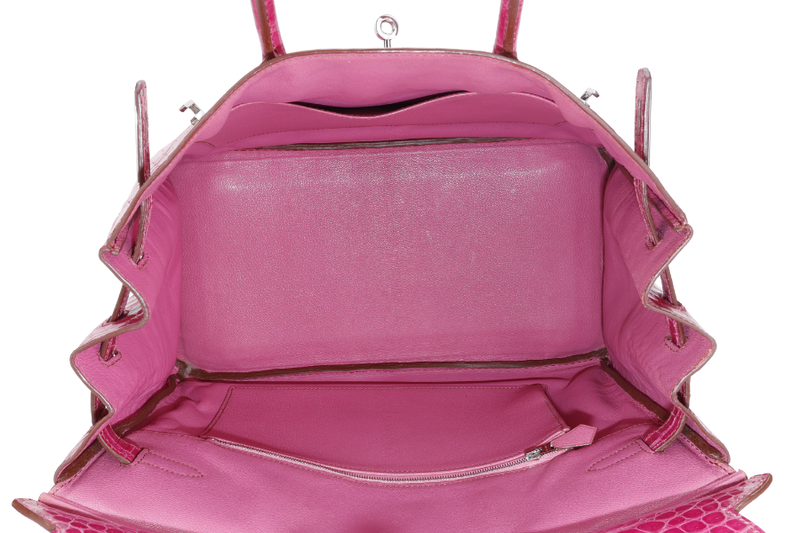 HERMES BIRKIN 35 STAMP N SQUARE (YEAR 2010) ROSE SCHEHERAZADE POROSUS CROC SKIN SILVER HARDWARE WITH KEYS&LOCK, RAINCOAT, DUST COVER & BOX