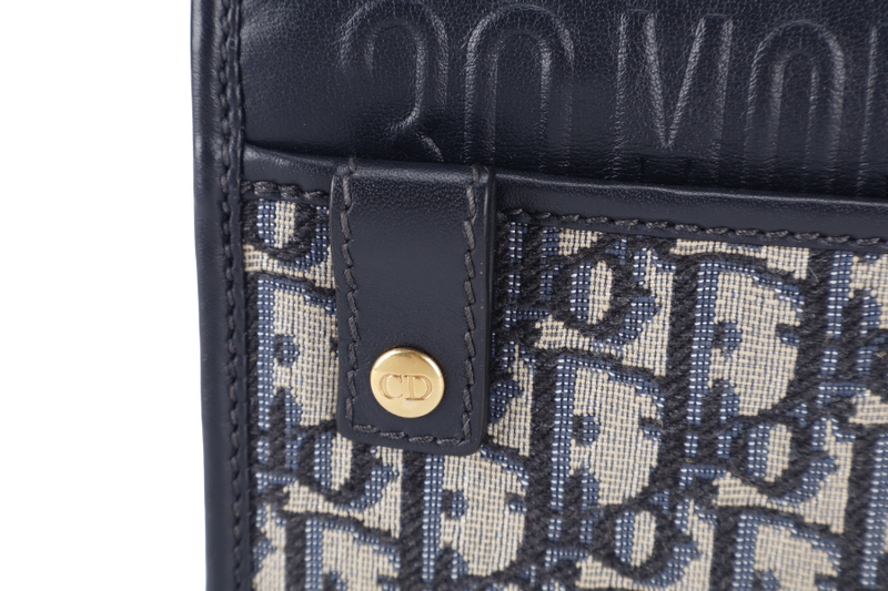 CHRISTIAN DIOR MONTAIGNE 2 IN 1/W.O.C BLUE NAVY OBLIQUE JACQUARD GOLD HARDWARE WITH CHAIN STRAPS, LEATHER STRAPS , DUST COVER AND BOX