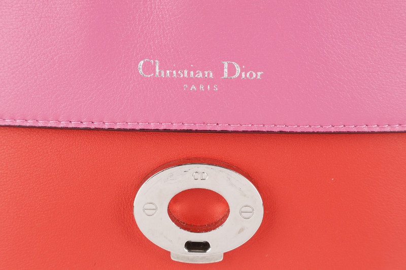 CHRISTIAN DIOR BE DIOR BI-COLOR ORANG, PINK SMOOTH LEATHER SILVER HARDWARE WITH STRAPS, CARD, DUST COVER AND BOX