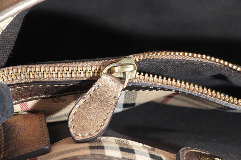 BURBERRY HAYMARKET CHECK TOTE BEIGE LEATHER GOLD HARDWARE WITH DUST COVER