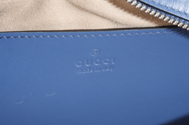 GUCCI MARMONT BLUE LEATHER CAMERA BAG SILVER HARDWARE WITH DUST COVER AND BOX