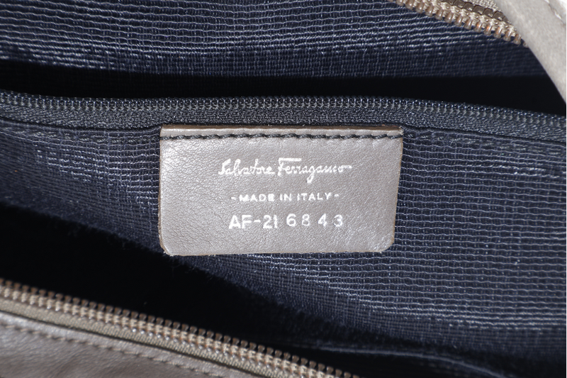 SALVATORE FERRAGAMO GANCINI GREY CANVAS WITH BROWN LEATHER LINING SILVER HARDWARE WITH DUST COVER
