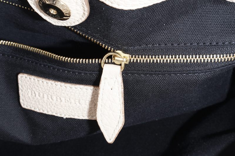 BURBERRY BEIGE BANNER HOUSE CHECK DERBY TOTE CALF LEATHER GOLD HARDWARE WITH STRAPS AND DUST COVER