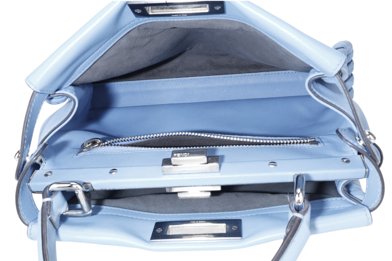 FENDI PEEKABOO (8BN290-81P-188-10429) BLUE GRAINED CALF LEATHER SILVER HARDWARE WITH RAINCOAT, STRAPS AND DUST COVER